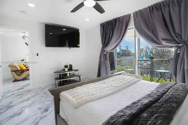 a bedroom with a bed and a flat tv screen on dresser