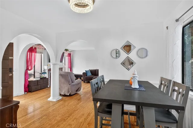 a view of a dining room with furniture