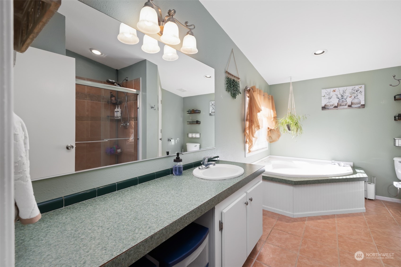 4982 Happy Valley Road Sequim, WA 98382 - Photo 17 of 40 a bathroom with a sink a large mirror and a light fixture