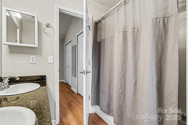 a bathroom with a sink a mirror and a shower curtain