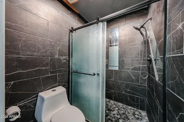 a bathroom with a toilet and a shower