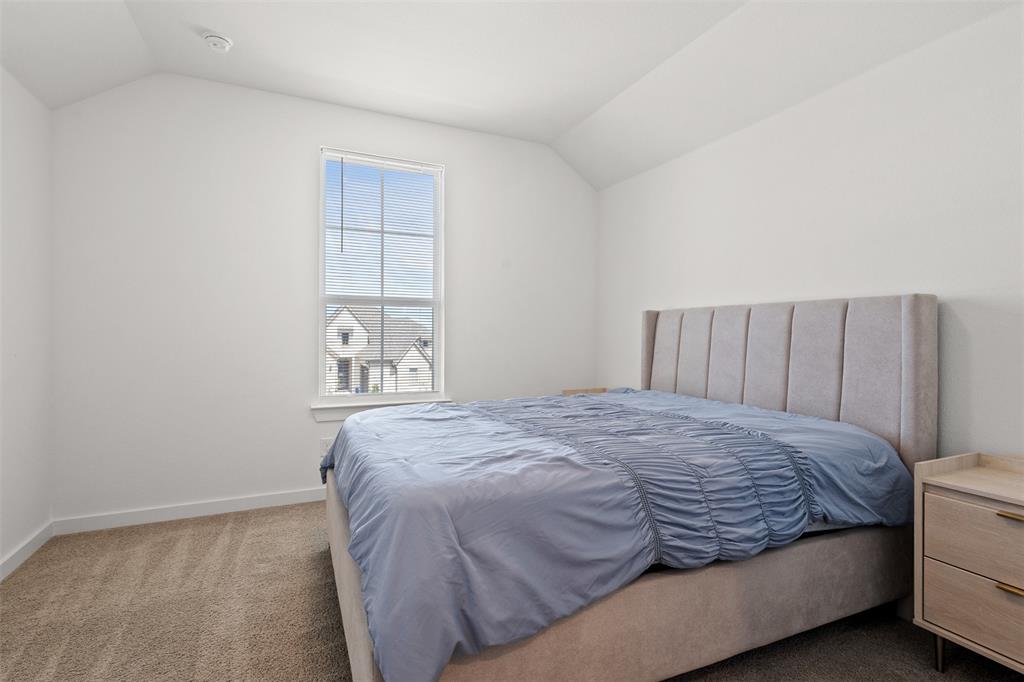 1825 Rough Rdg Trail Midlothian, TX 76065 - Photo 29 of 37 Vaulted ceiling bedroom featuring plush carpet flooring, white walls, and a large window with vertical blinds