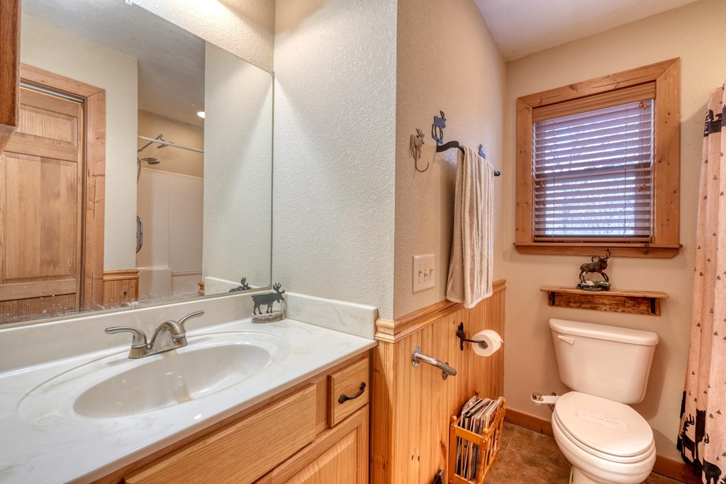 518 Rizzitello Lane Blairsville, GA 30512 - Photo 20 of 44 a bathroom with a granite countertop toilet a sink and a mirror