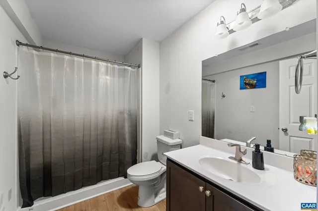 a bathroom with a sink a toilet and shower curtain