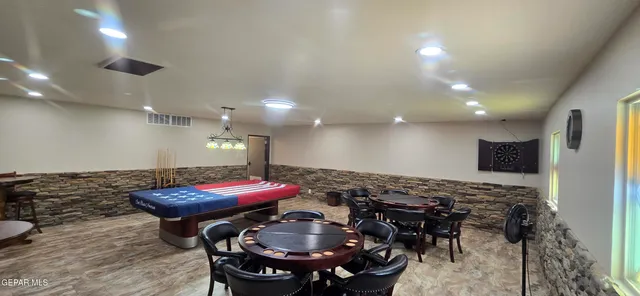 a view of a dining room with furniture