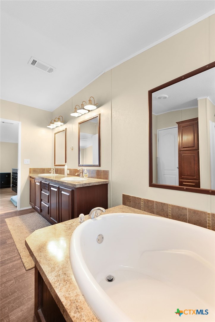 411 Private Road 3447 Kempner, TX 76539 - Photo 13 of 33 a bathroom with a tub a sink and a large mirror