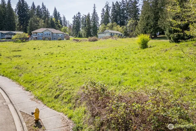 a view of a yard with yellow house