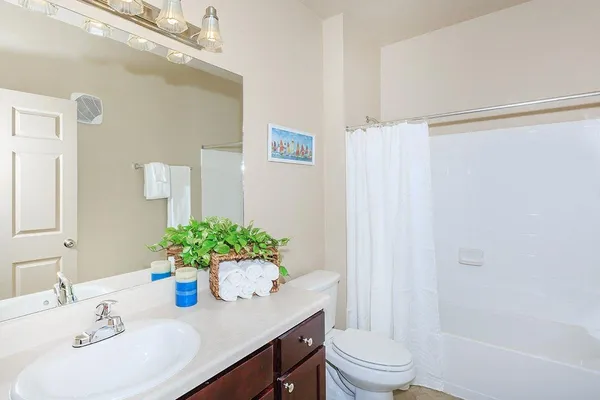 a bathroom with a sink a toilet and a large mirror
