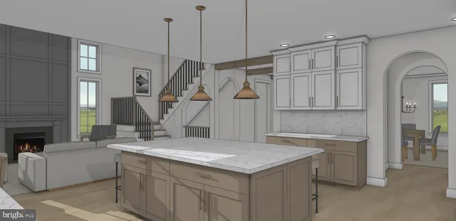 a kitchen with a stove and a fireplace