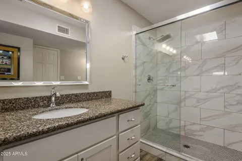 a bathroom with a granite countertop sink a mirror and shower