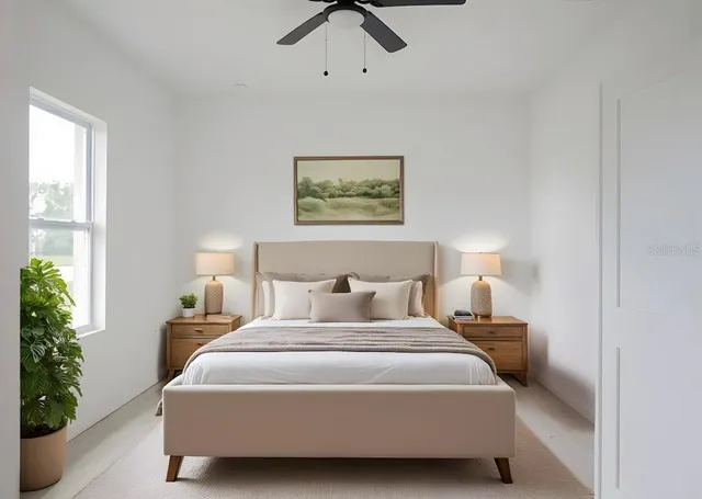 a bedroom with a bed and a window