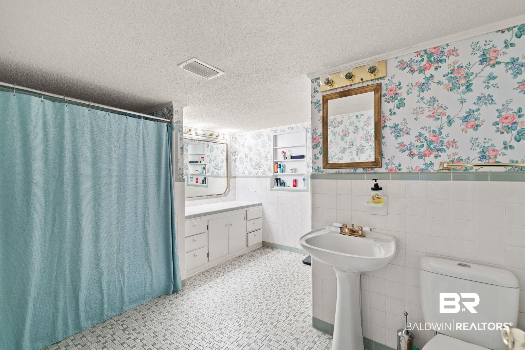 927 Cleveland Road Saraland, AL 36571 - Photo 20 of 80 Bathroom featuring mosaic tile flooring, a pedestal sink with brass-finish fixtures, and a toilet