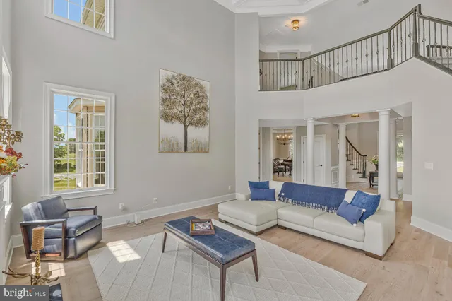 a view of a dining room and livingroom with furniture wooden floor a rug a chandelier