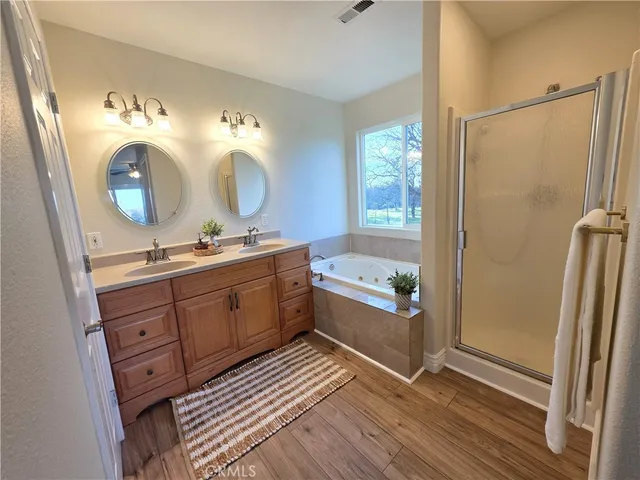 a bathroom with a double vanity sink mirror and shower