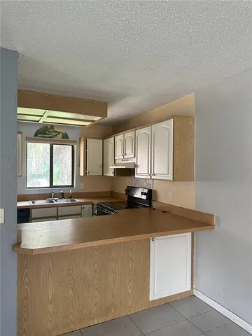 a kitchen with kitchen island a sink a counter top space and living room area