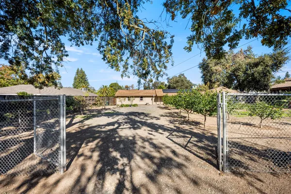 a view of a yard with wooden fence