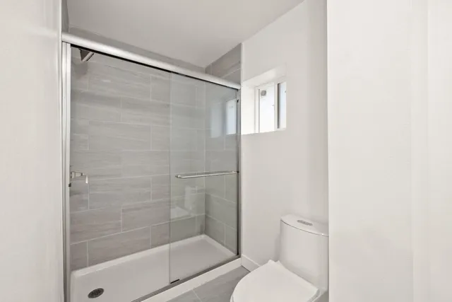 a bathroom with a shower and toilet
