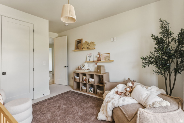 923 North Emery Lane Elk Ridge, UT 84651 - Photo 40 of 101 Neutral-toned room with light beige wall paint, two white paneled doors with black hardware, and an overhead pleated fabric pendant light fixture