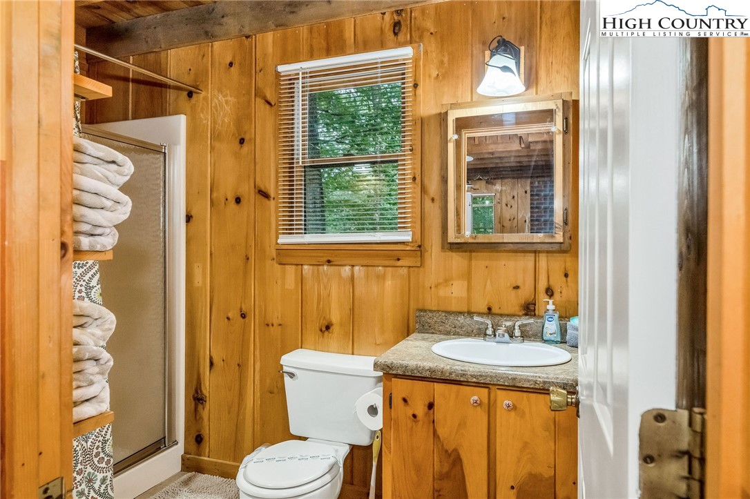 199 Skyline Road West Jefferson, NC 28694 - Photo 22 of 35 a bathroom with a granite countertop sink toilet and shower