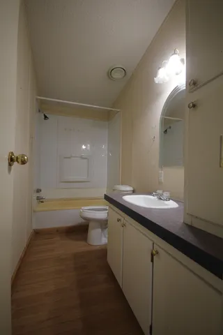 a bathroom with a granite countertop sink mirror vanity and toilet