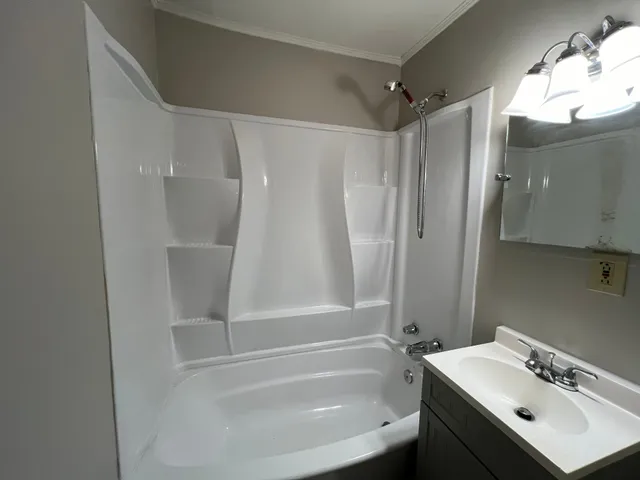 a bathroom with a tub sink vanity and mirror
