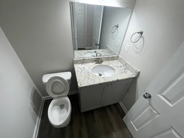 a bathroom with a sink mirror vanity and toilet