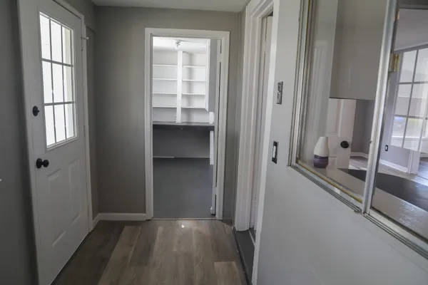 a view of a balcony with door