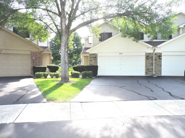a view of a white house with a yard plants and large tree