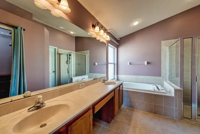 a bathroom with a tub sink double vanity and a mirror