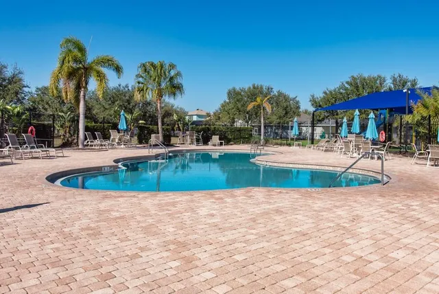 a view of a swimming pool with a patio