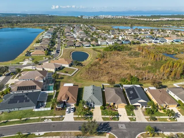 an aerial view of residential houses with outdoor space