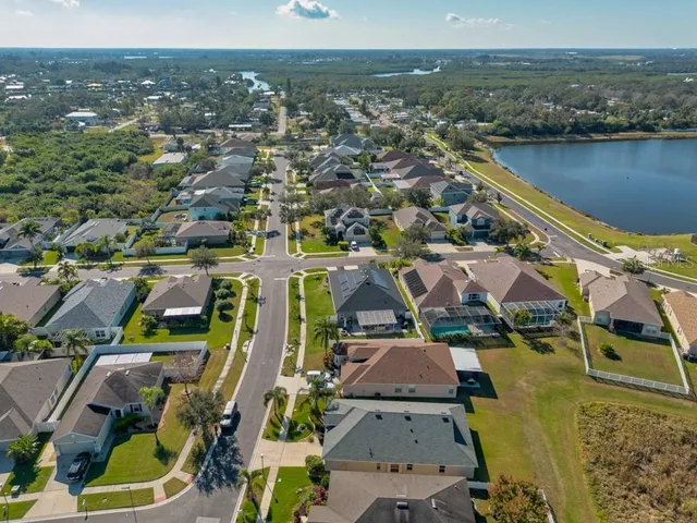 an aerial view of residential houses with outdoor space