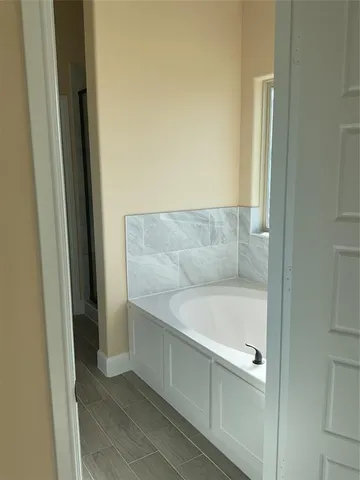 a bathroom with a bathtub and a shower