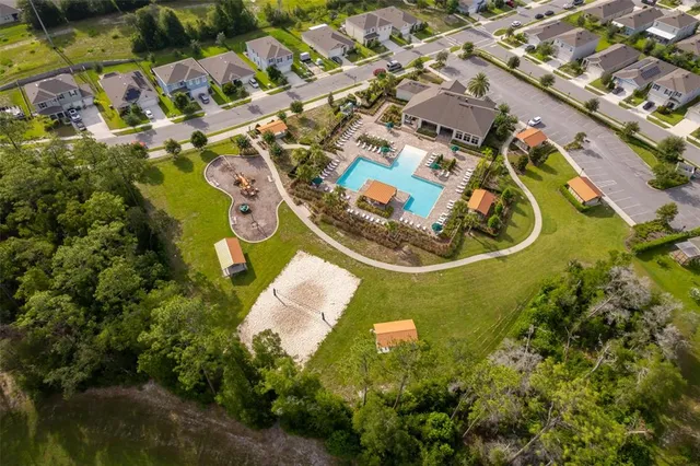 an aerial view of a house with a swimming pool