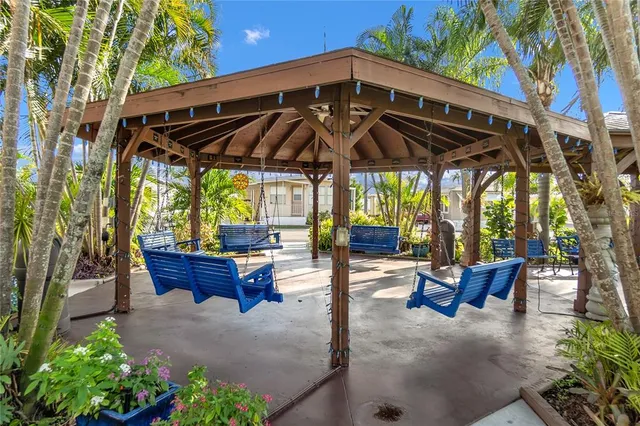 a view of a garden with a bench
