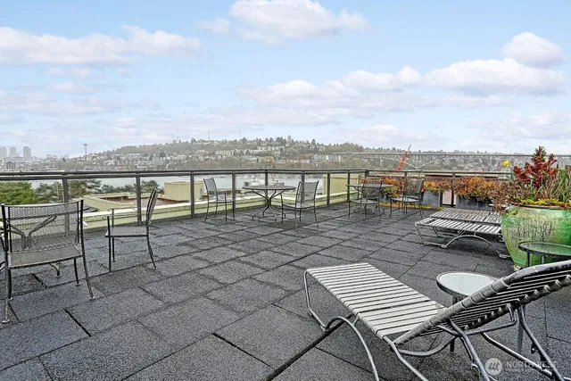 a view of a terrace with seating area