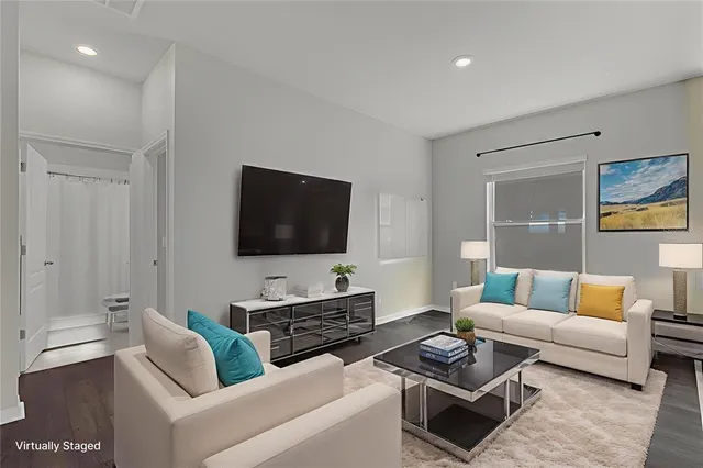 an aerial view of a house with a garden