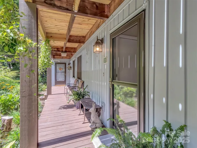 a porch with seating space