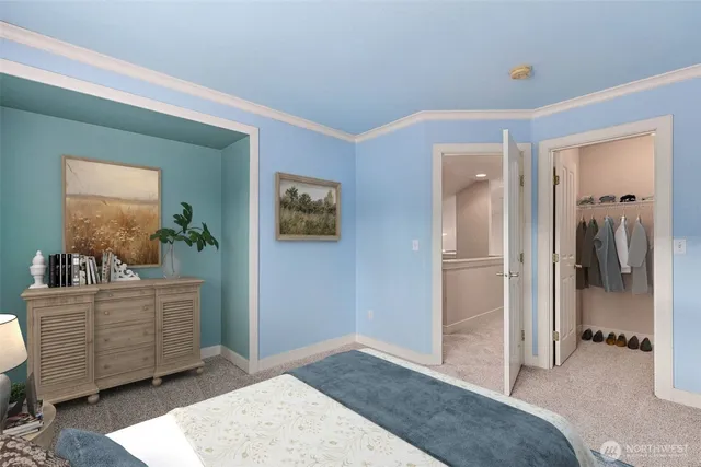 a view of a bedroom with cabinet and mirror