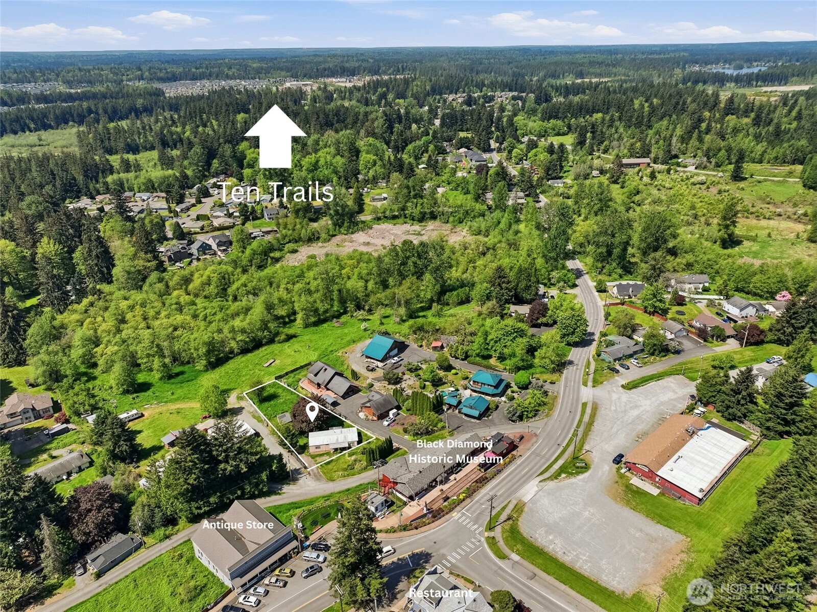 32711 Commission Avenue Black Diamond, WA 98010 - Photo 4 of 34 an aerial view of a house with a garden and mountain view in back