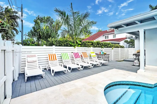 swimming pool view with a seating space