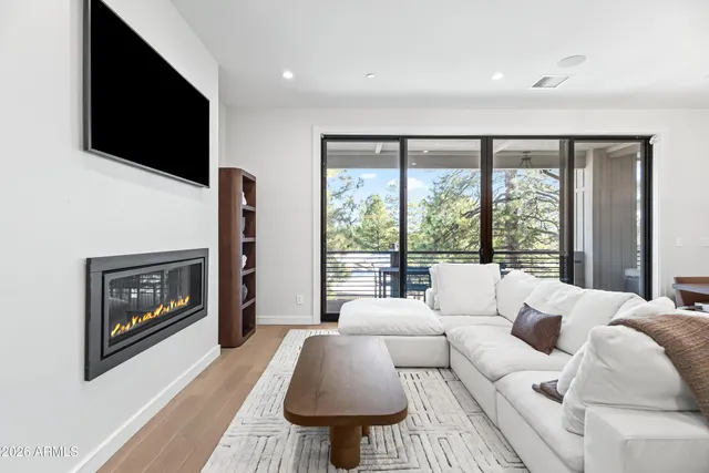 a living room with furniture tv and a fireplace