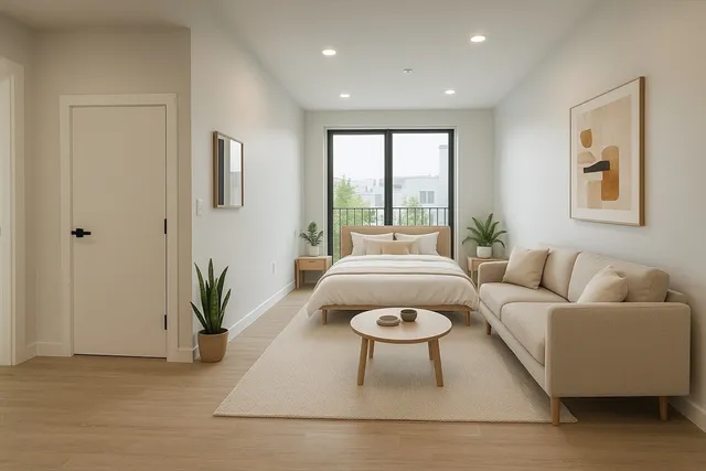 a living room with furniture and a rug