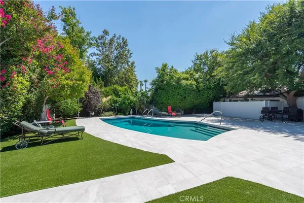 a view of a backyard with plants and trees