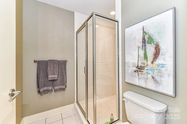 a bathroom with a shower and toilet