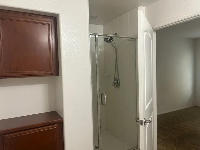a bathroom with a shower and a sink
