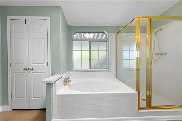 a bathroom with a bathtub and a shower