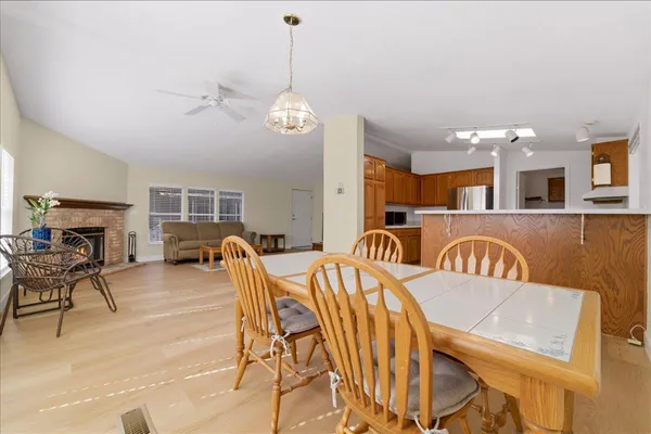 a view of a dining room with furniture
