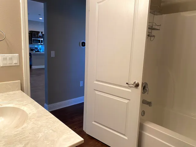 a bathroom with a bathtub