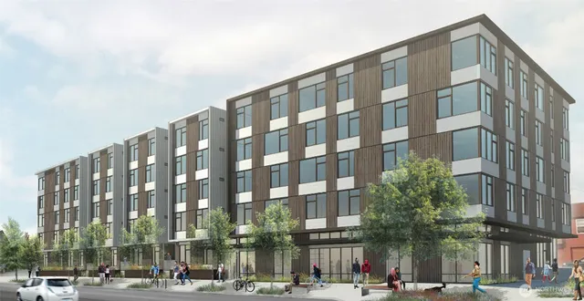 a front view of a building with street view